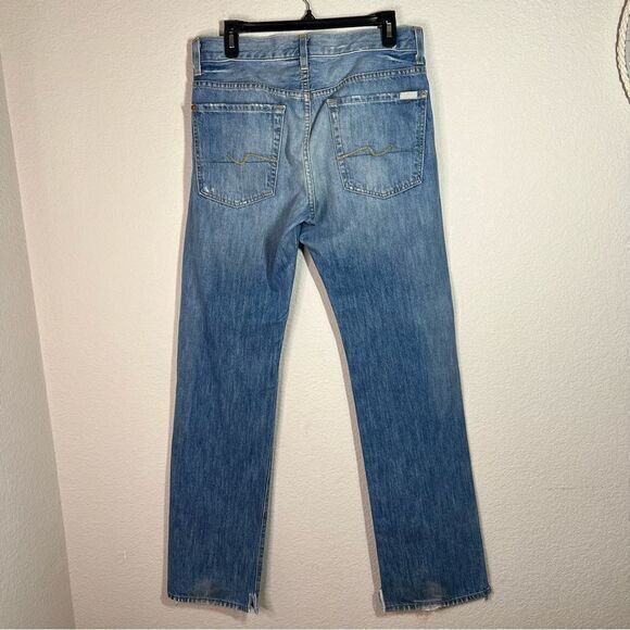 7 For All Mankind Blue Austyn Fringe Slit Cotton Straight Leg Jeans Mens Size 32 - Picture 5 of 11